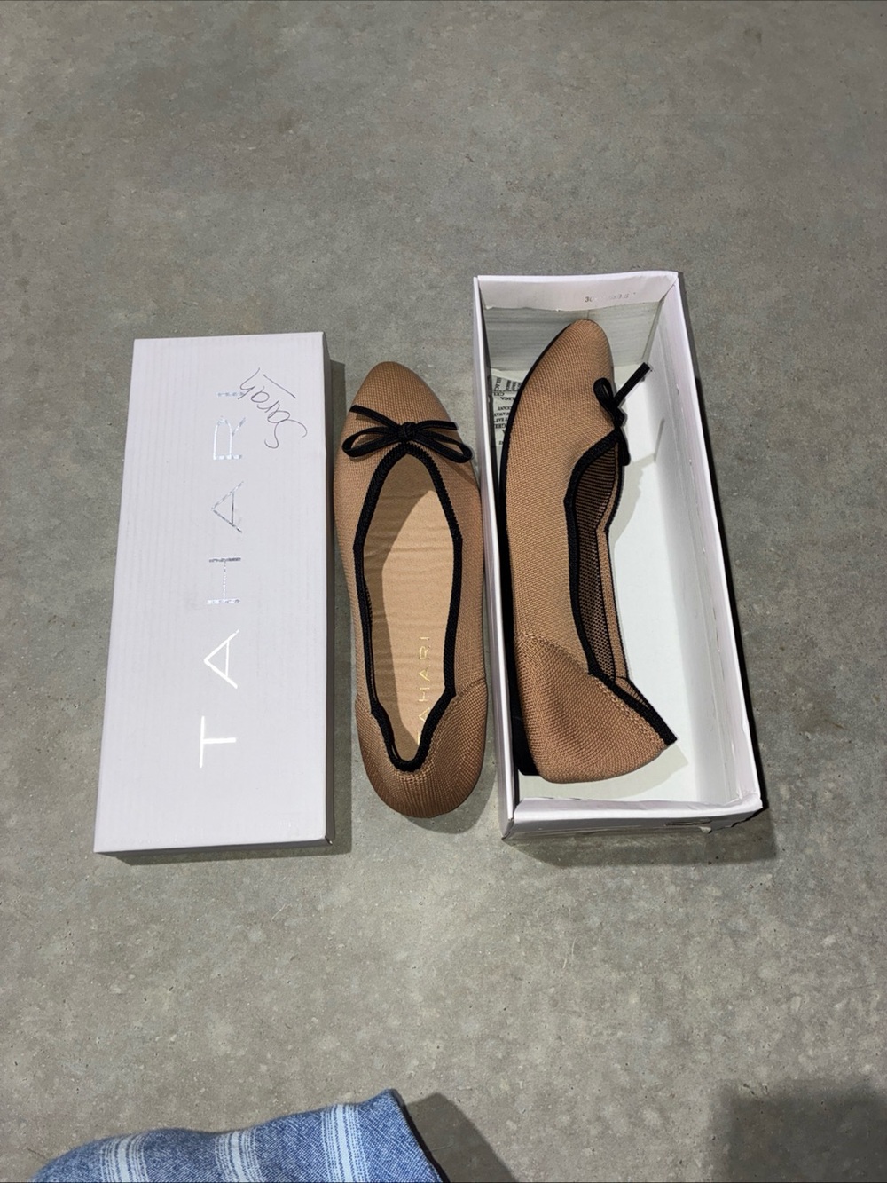 Taryn Rose Camel Knit Ballet Flats with Black Trim